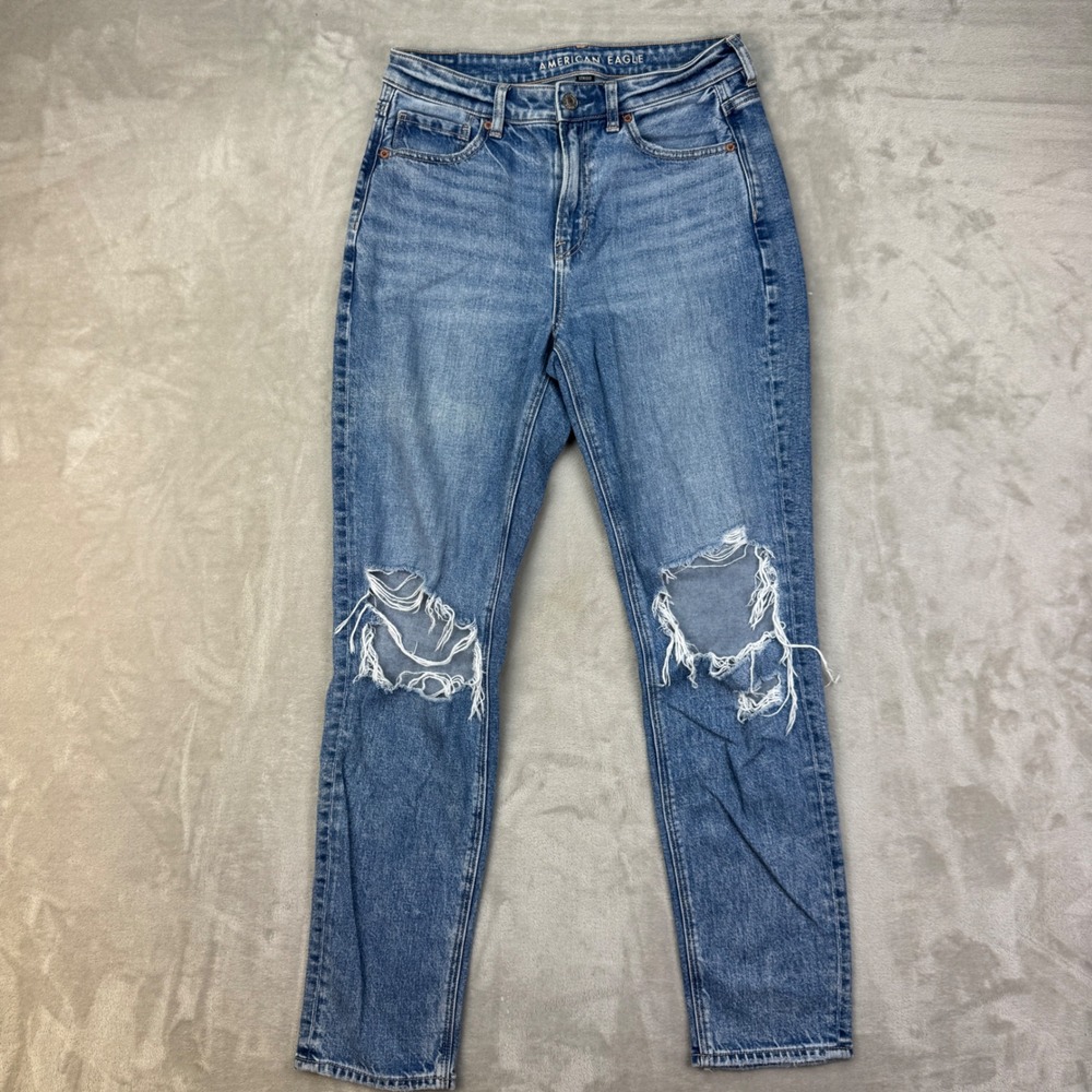 American Eagle Mom Jean Womens 4 Blue Relaxed Distressed 90s Strigid Long